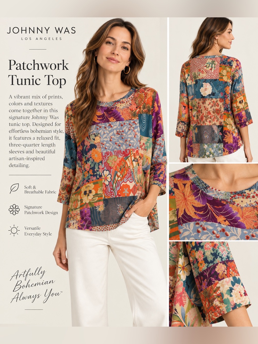 Johnny Was Patchwork Tunic Top Multicolor Floral 3/4 Sleeve Boho Size M